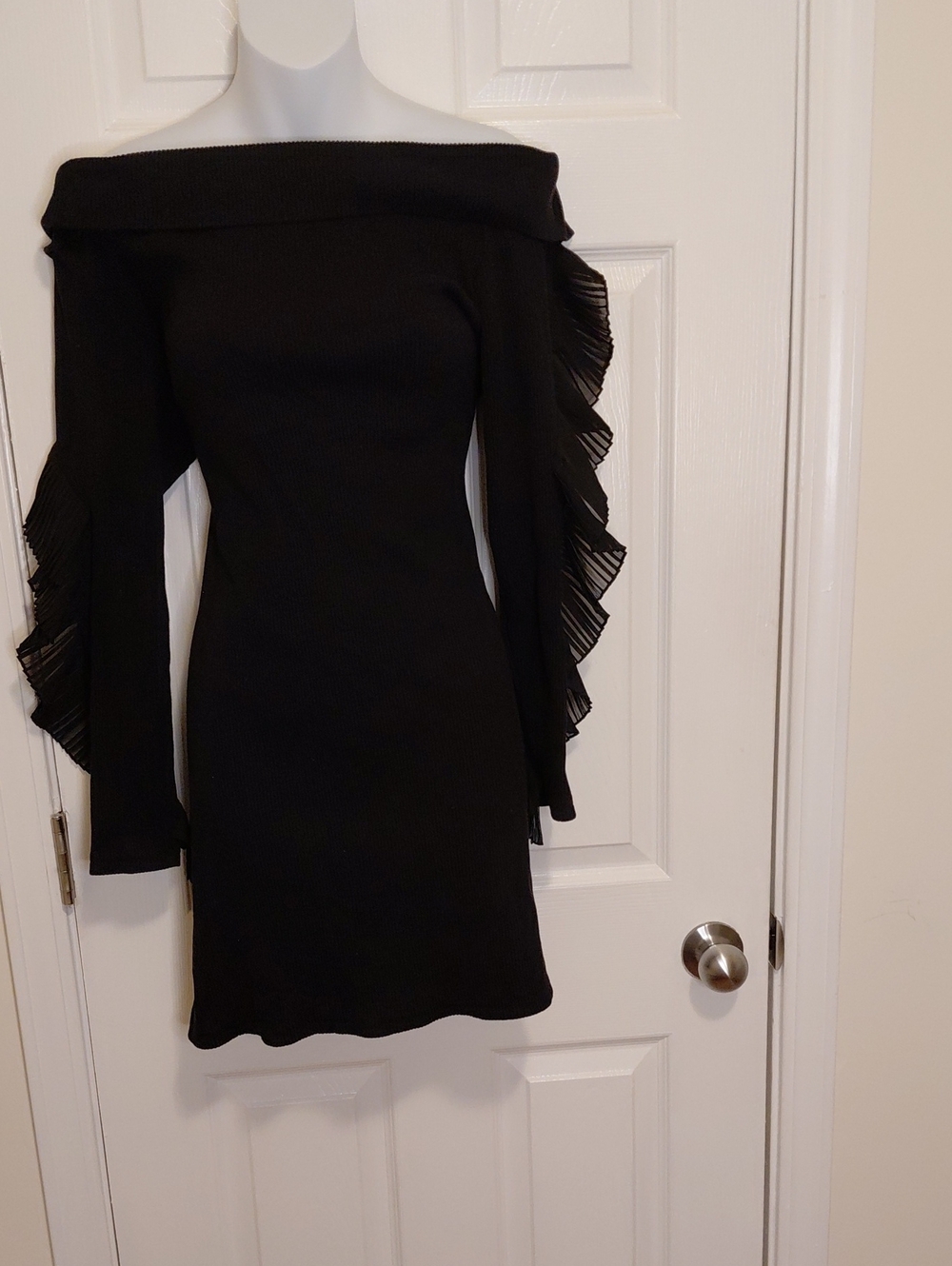 S. Deer Black One-Shoulder Ruffle Sleeve Sweater Dress
